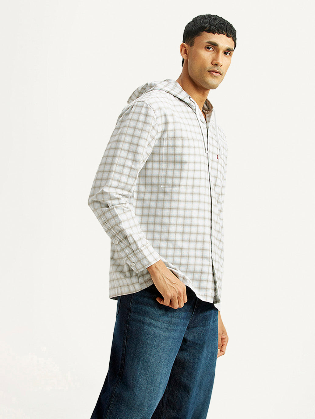 Men's Checkered White Relaxed Fit Hooded Oxford Overshirt - Side View