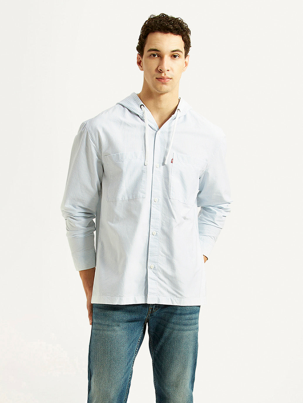 Men's Pin Striped Light Blue Relaxed Fit Hooded Oxford  Overshirt