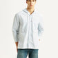 Men's Pin Striped Light Blue Relaxed Fit Hooded Oxford  Overshirt - Styleshot View