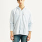 Men's Pin Striped Light Blue Relaxed Fit Hooded Oxford  Overshirt - Front View