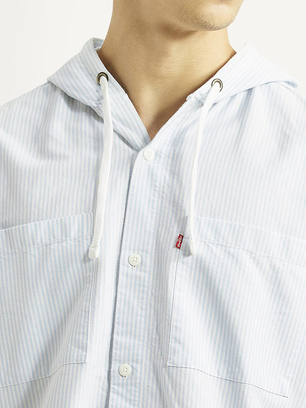 Men's Pin Striped Light Blue Relaxed Fit Hooded Oxford Overshirt - Detail View