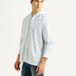 Men's Pin Striped Light Blue Relaxed Fit Hooded Oxford  Overshirt - Side View