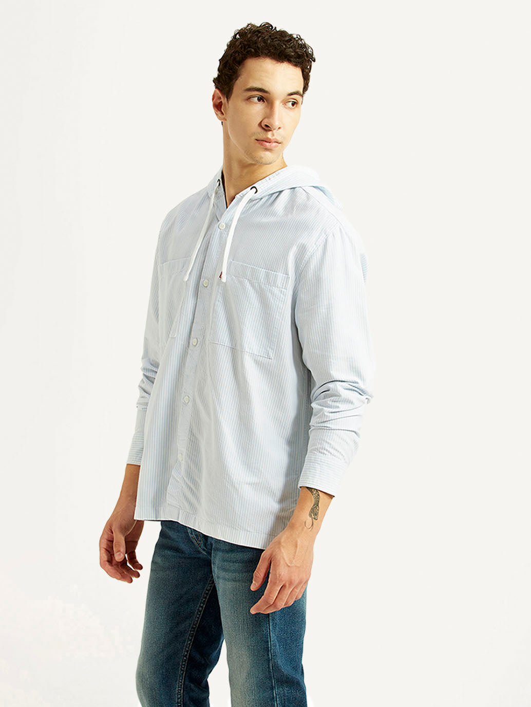 Men's Pin Striped Light Blue Relaxed Fit Hooded Oxford Overshirt - Side View