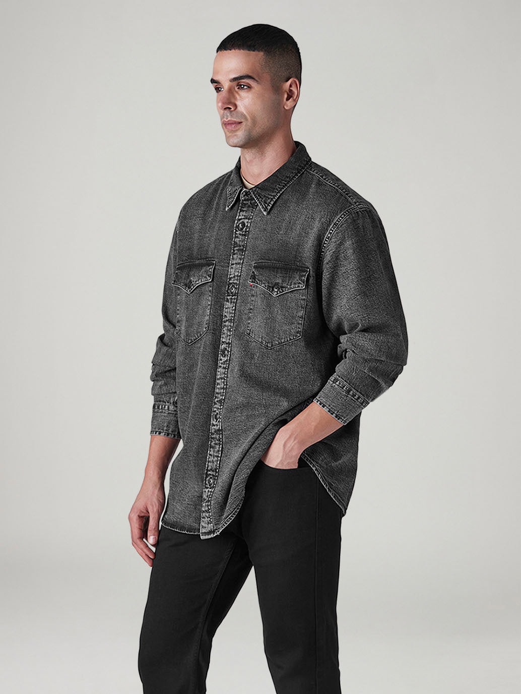 Men's Solid Relaxed Fit Denim Shirt - Side View
