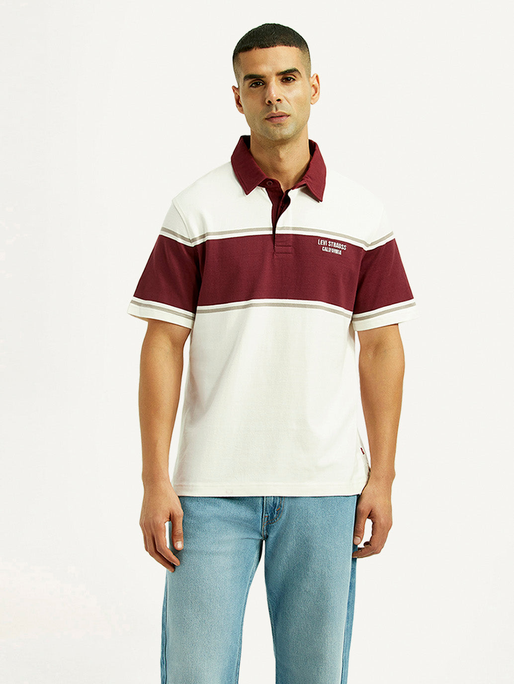 Men's Striped Off White Polo T-shirt - Front View