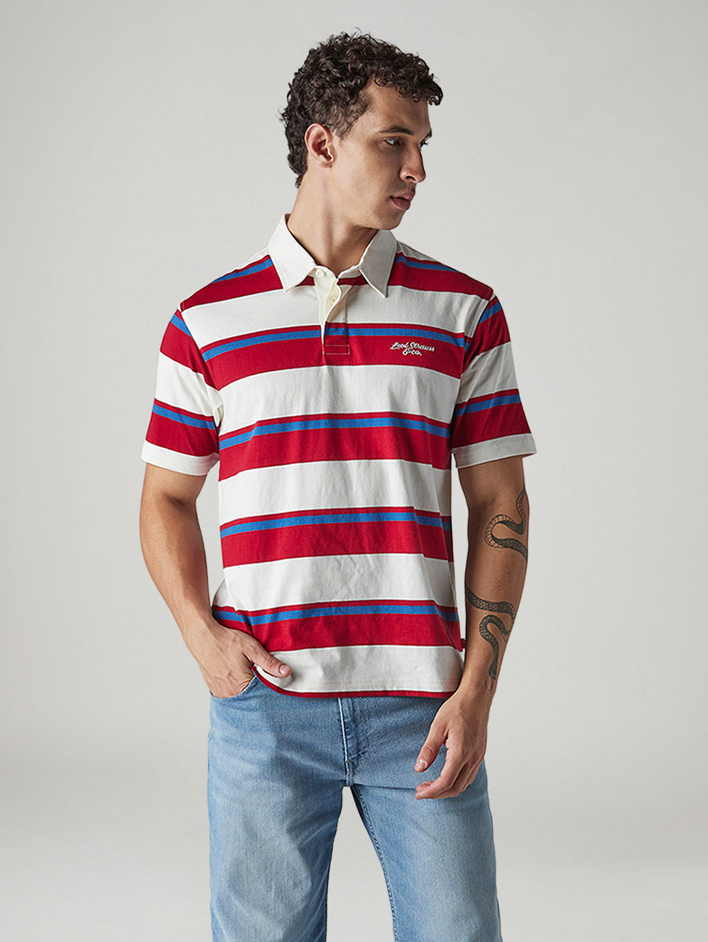 Men's Striped White Loose Fit Jersey Polo T shirt