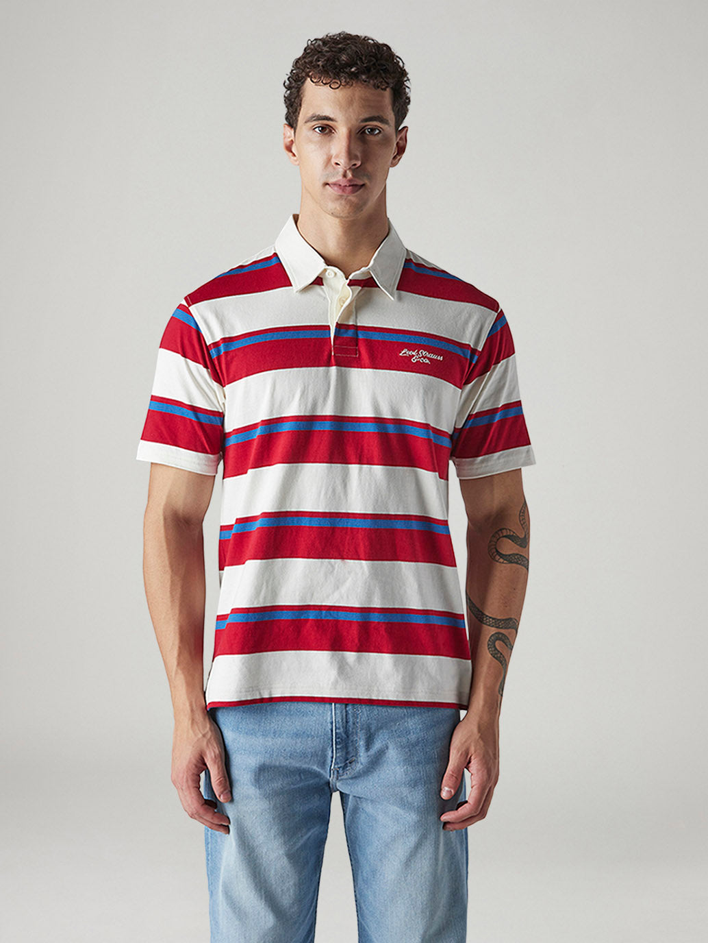 Men's Striped White Loose Fit Jersey Polo T shirt - Front View