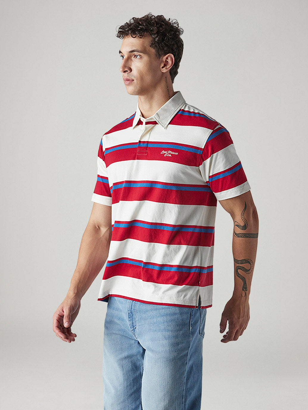 Men's Striped White Loose Fit Jersey Polo T shirt - Side View