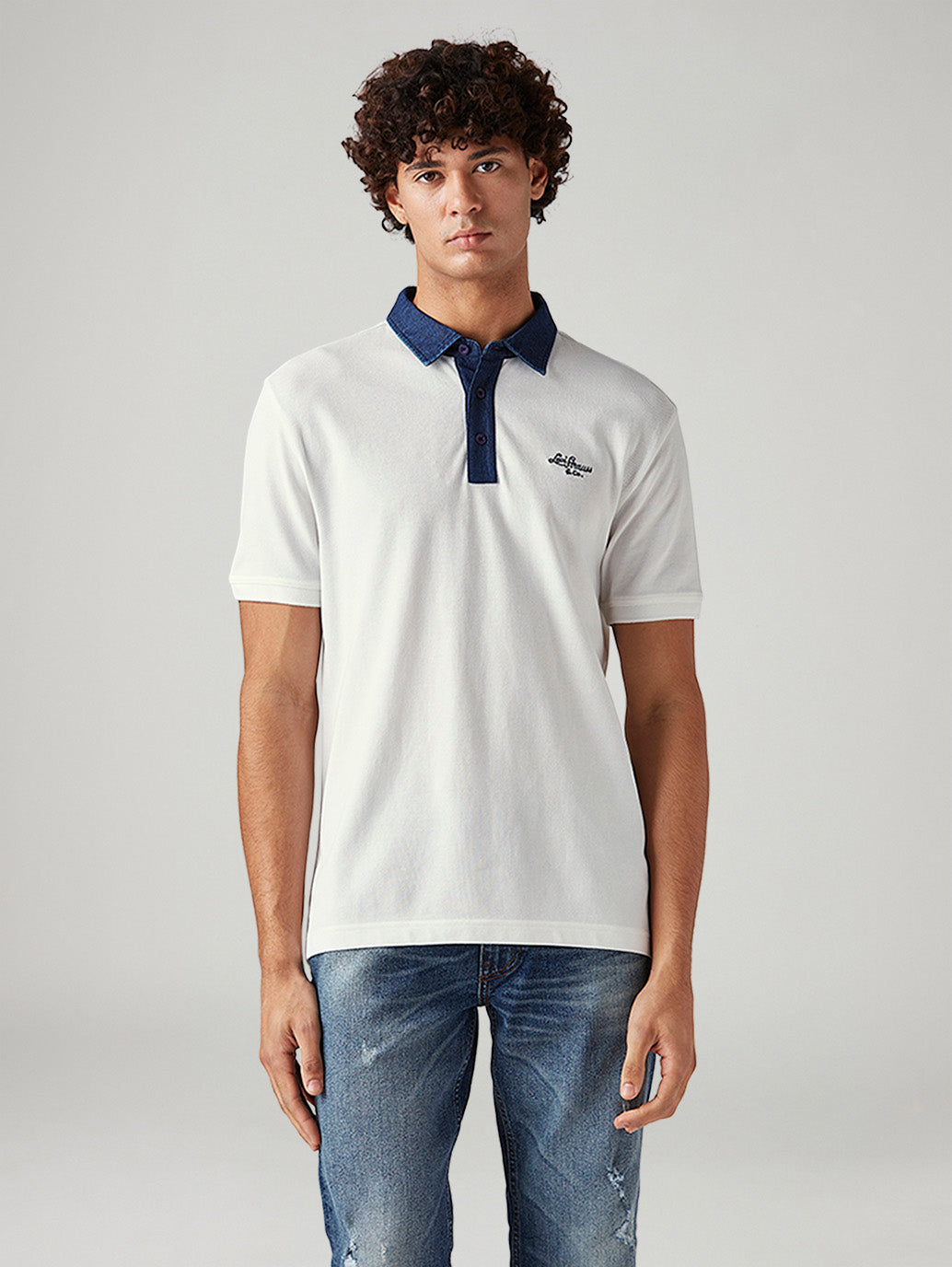 Men's Colorblock White Slim Fit Pique Polo T-shirt - Front View