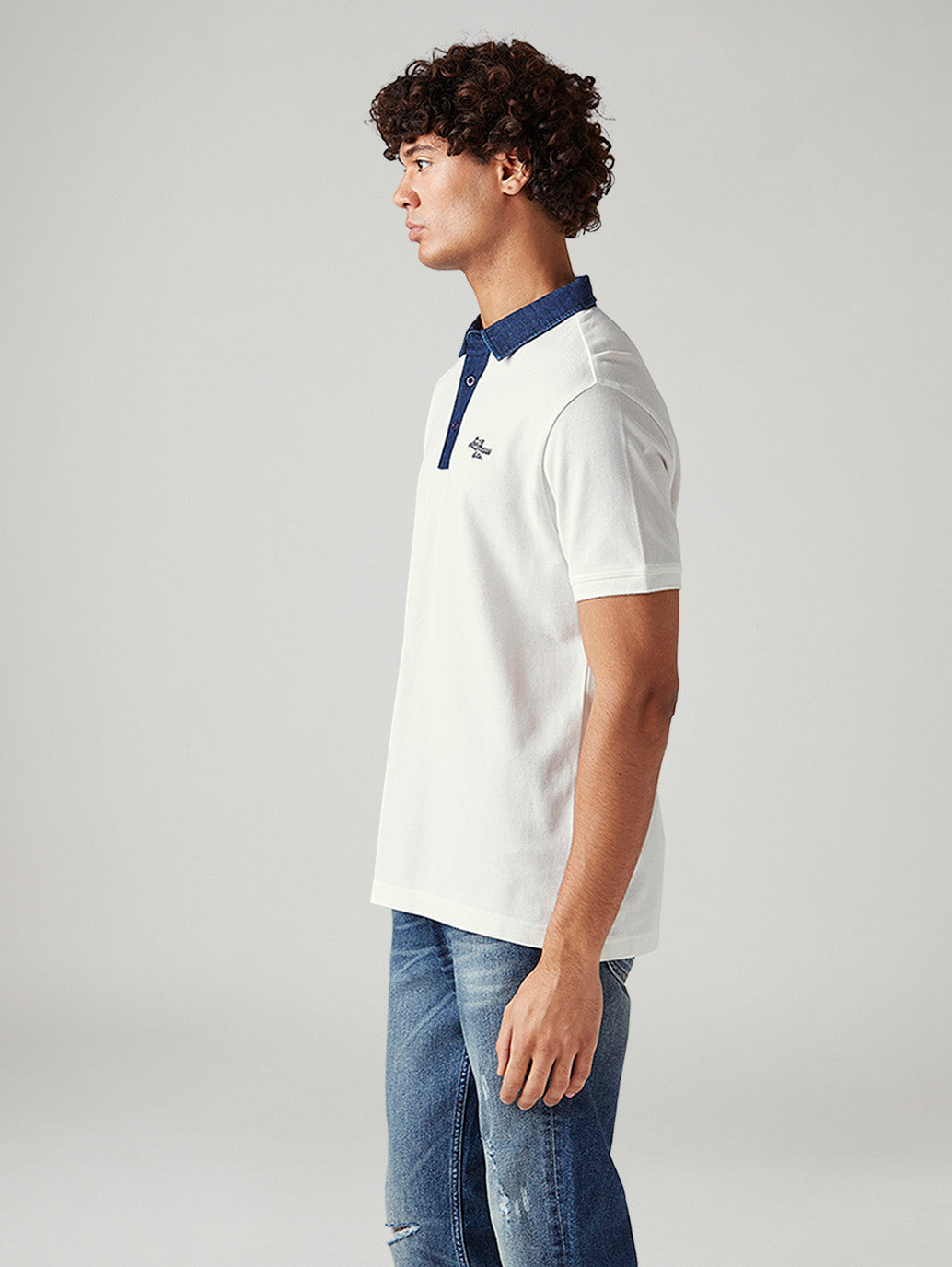 Men's Colorblock White Slim Fit Pique Polo T-shirt - Side View