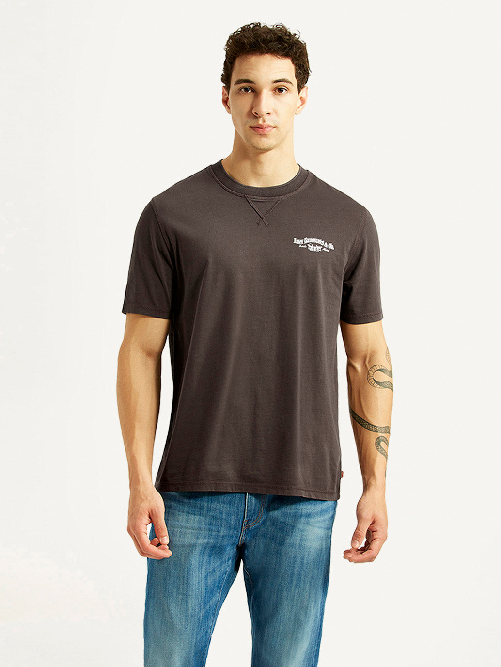 Men's Brand Logo Brown Crew Neck T-shirt - Front View