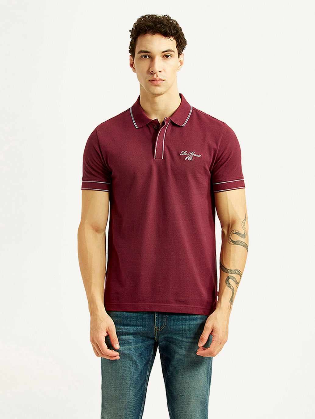 Men's Brand Logo Maroon Slim Fit Polo T-shirt - Front View