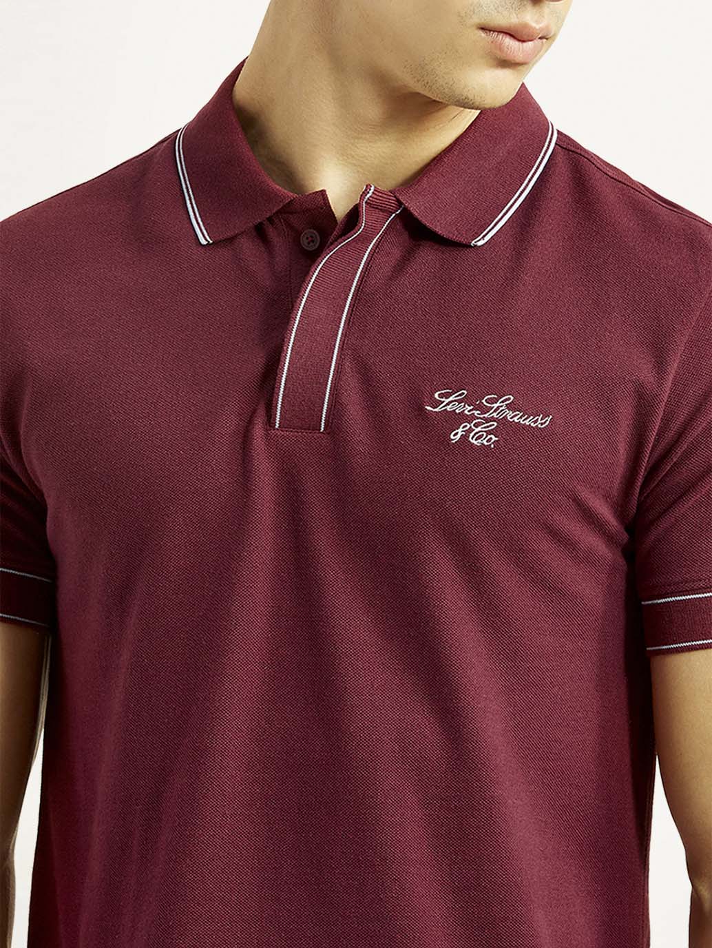 Men's Brand Logo Maroon Slim Fit Polo T-shirt - Detail View
