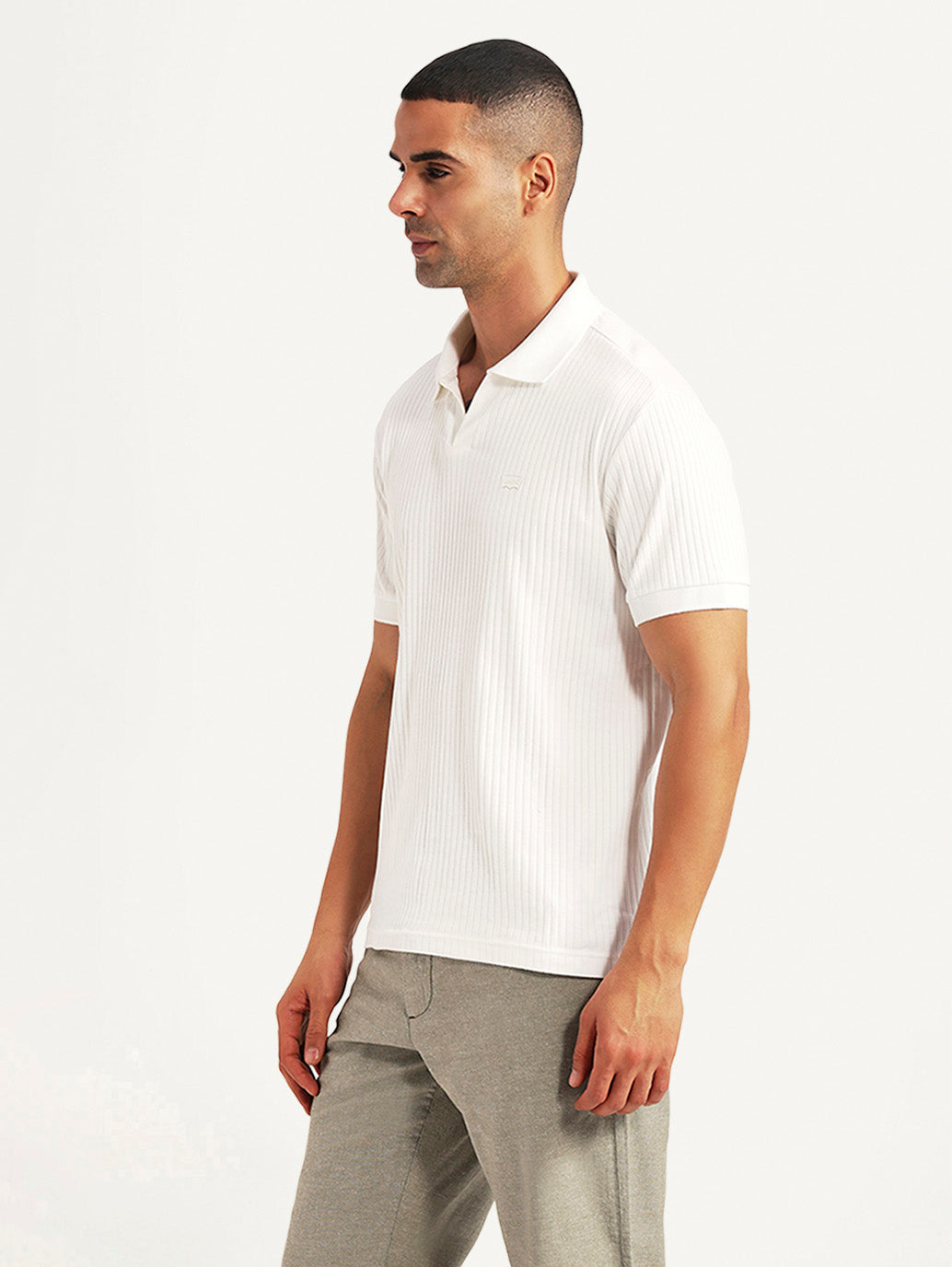 Men's Textured White Slim Fit Polo T-shirt - Side View