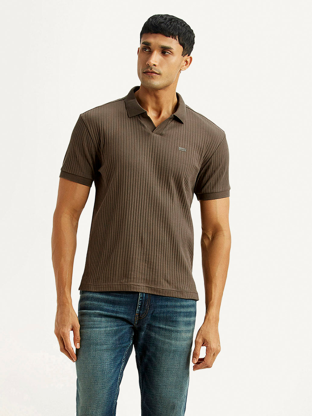 Men's Textured Brown Slim Fit Polo T-shirt