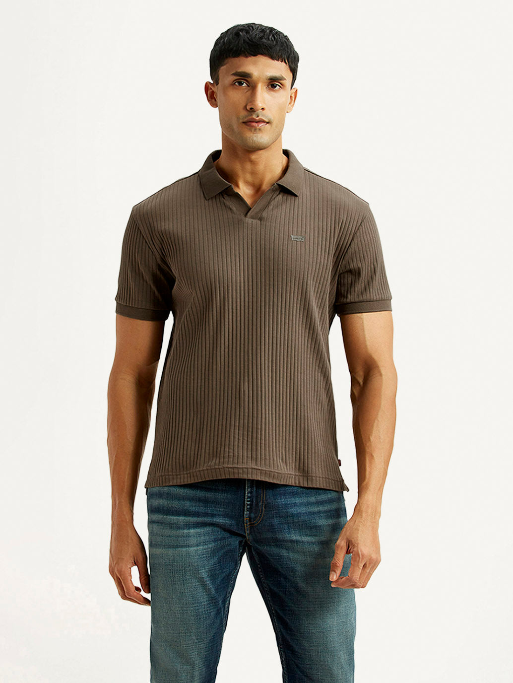 Men's Textured Brown Slim Fit Polo T-shirt - Front View