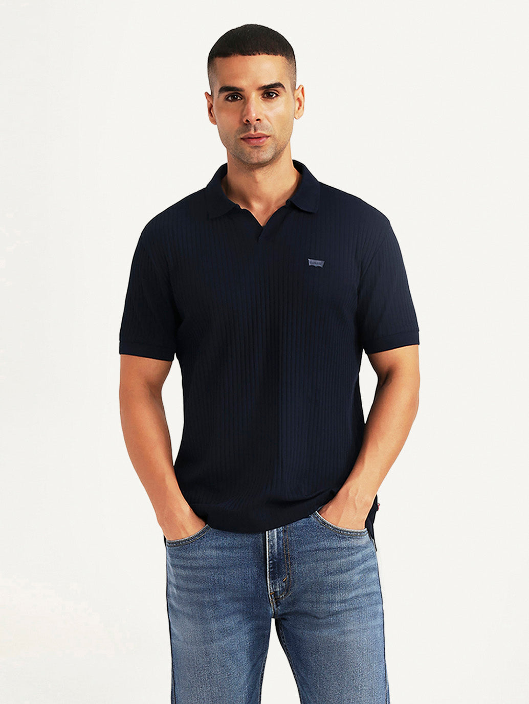 Men's Textured Navy Slim Fit Polo T-shirt