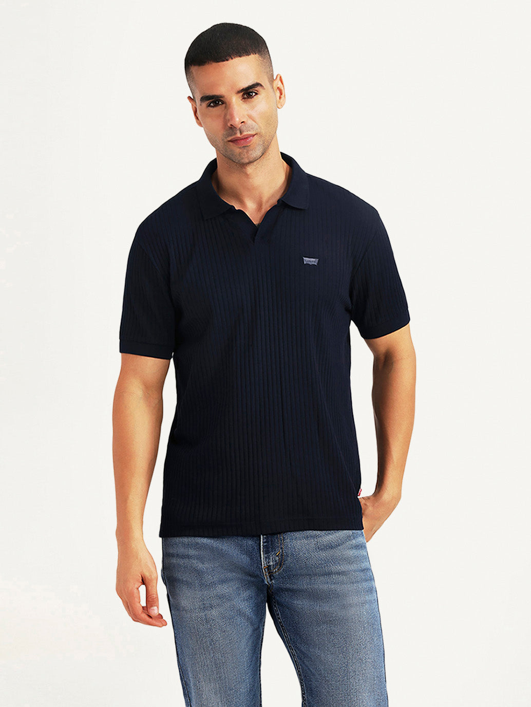 Men's Textured Navy Slim Fit Polo T-shirt - Front View
