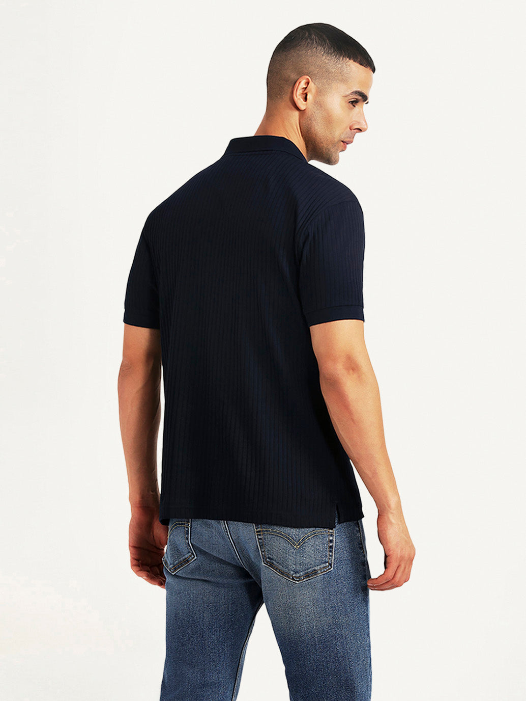 Men's Textured Navy Slim Fit Polo T-shirt - Back View