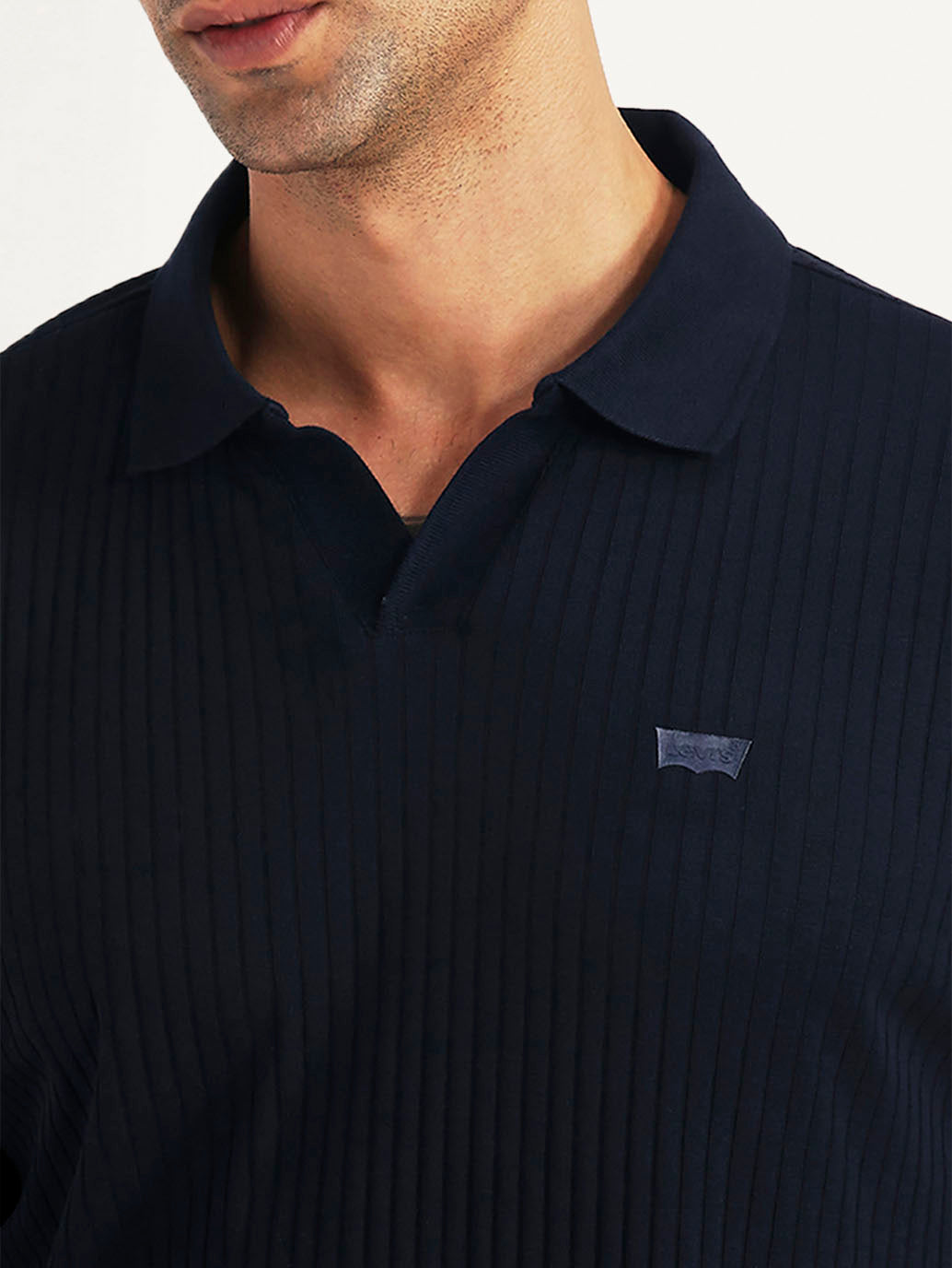 Men's Textured Navy Slim Fit Polo T-shirt - Detail View