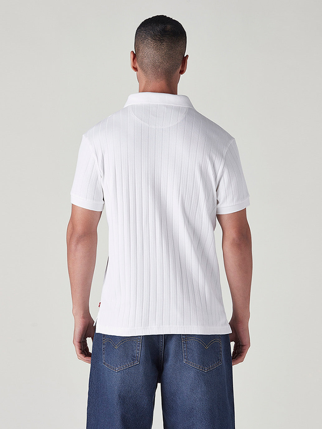 Men's Textured White Ribbed Polo T shirt - Back View