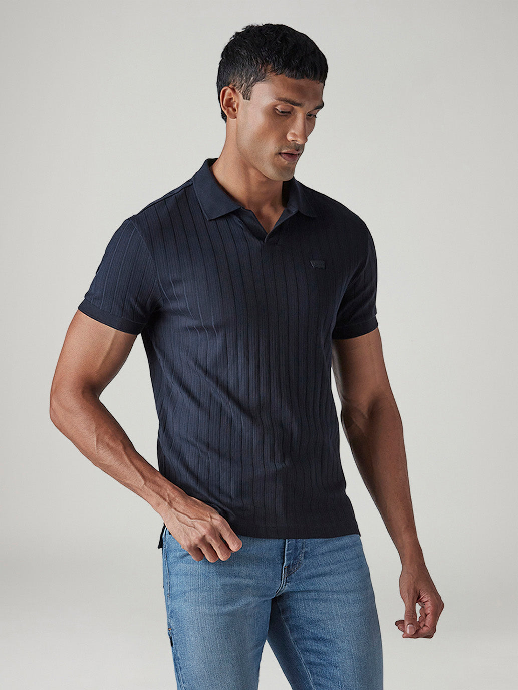 Men's Textured Navy Ribbed Polo T-Shirt