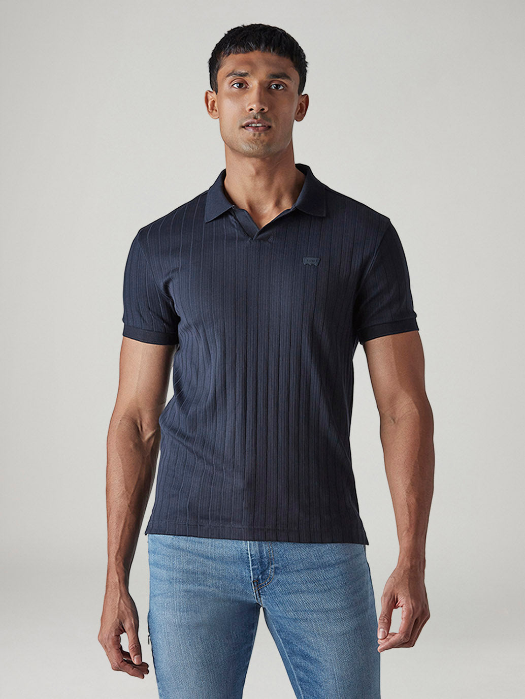 Men's Textured Navy Ribbed Polo T-Shirt - Front View