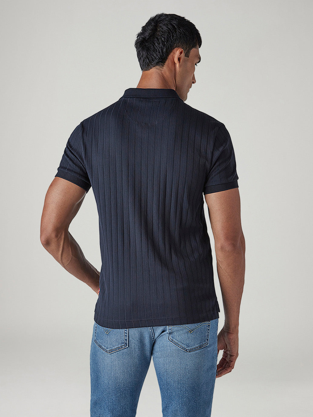 Men's Textured Navy Ribbed Polo T-Shirt - Back View