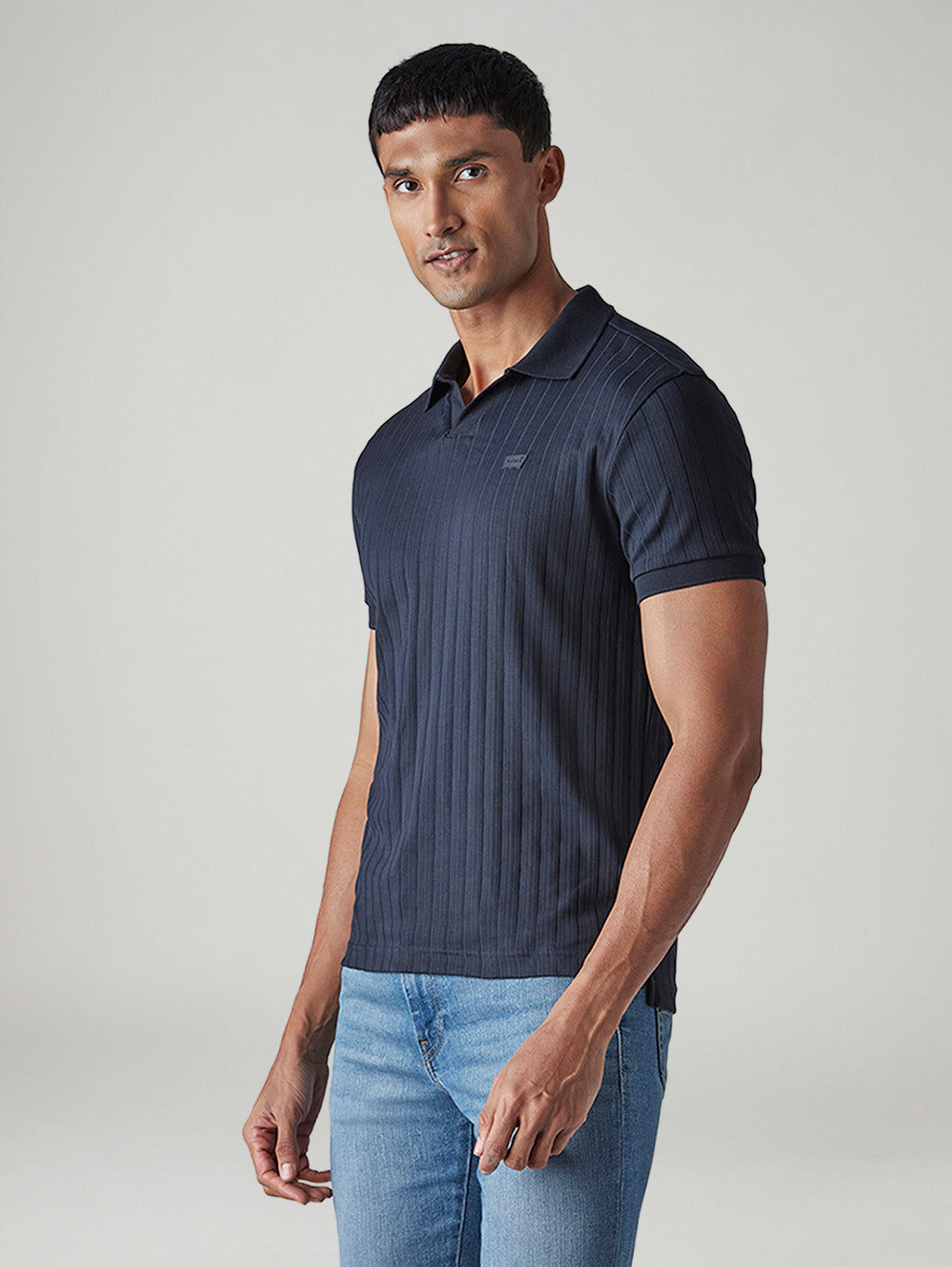 Men's Textured Navy Ribbed Polo T-Shirt - Side View