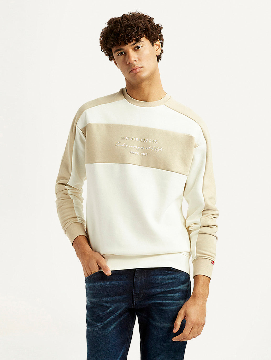 Men's Colorblock Cream Crew Neck Sweatshirt - Styleshot View