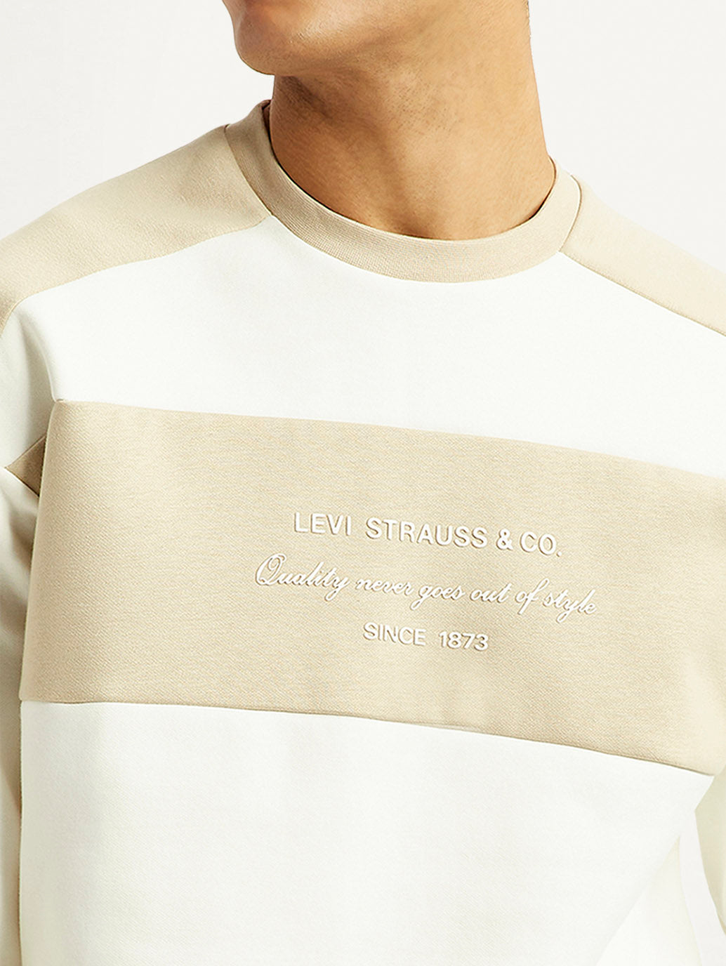 Men's Colorblock Cream Crew Neck Sweatshirt - Detail View