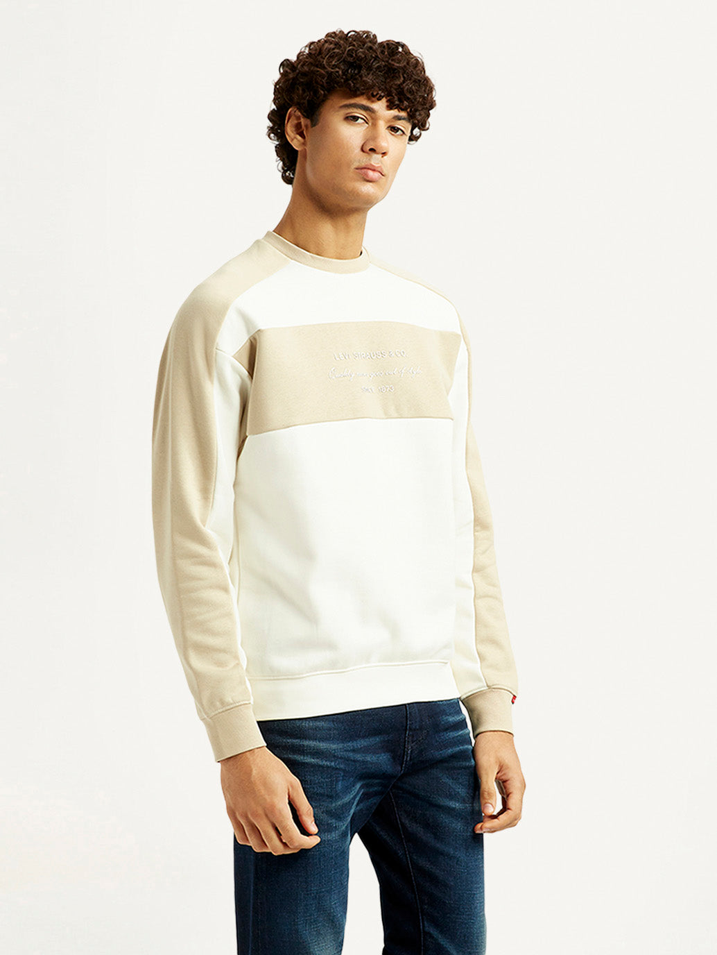 Men's Colorblock Cream Crew Neck Sweatshirt - Side View