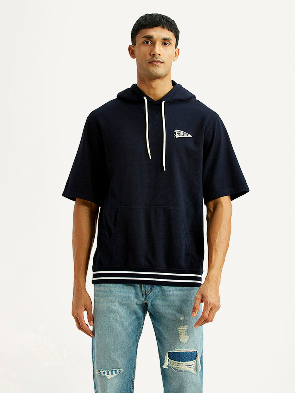 Men's Solid Navy Hooded Sweatshirt - Front View