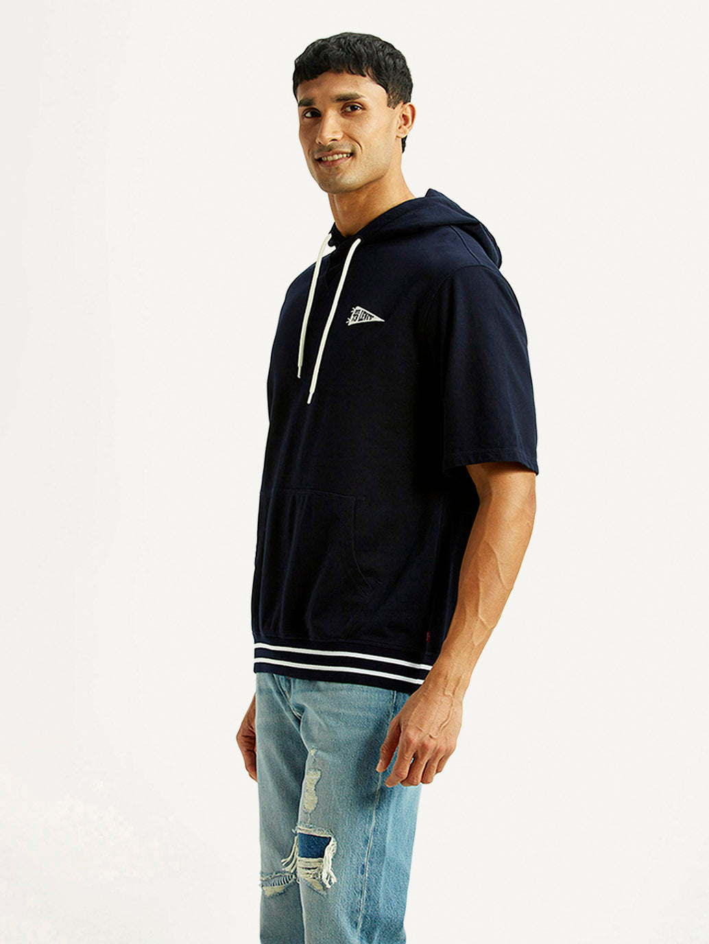 Men's Solid Navy Hooded Sweatshirt - Side View