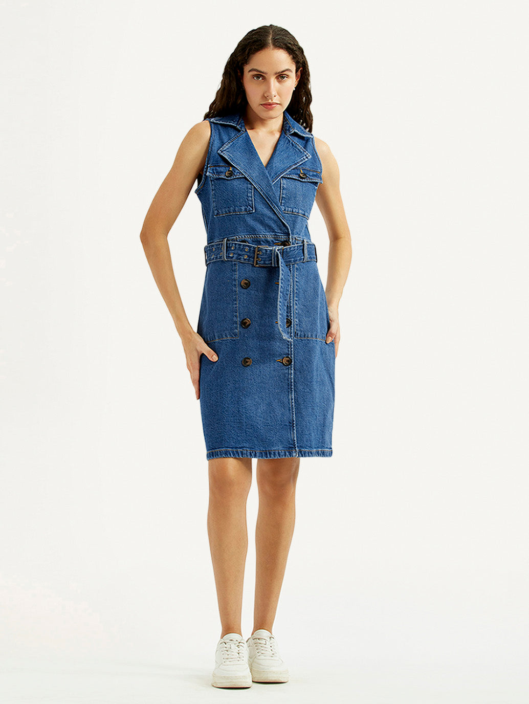 Women's Solid Blue Notched Lapel Dress