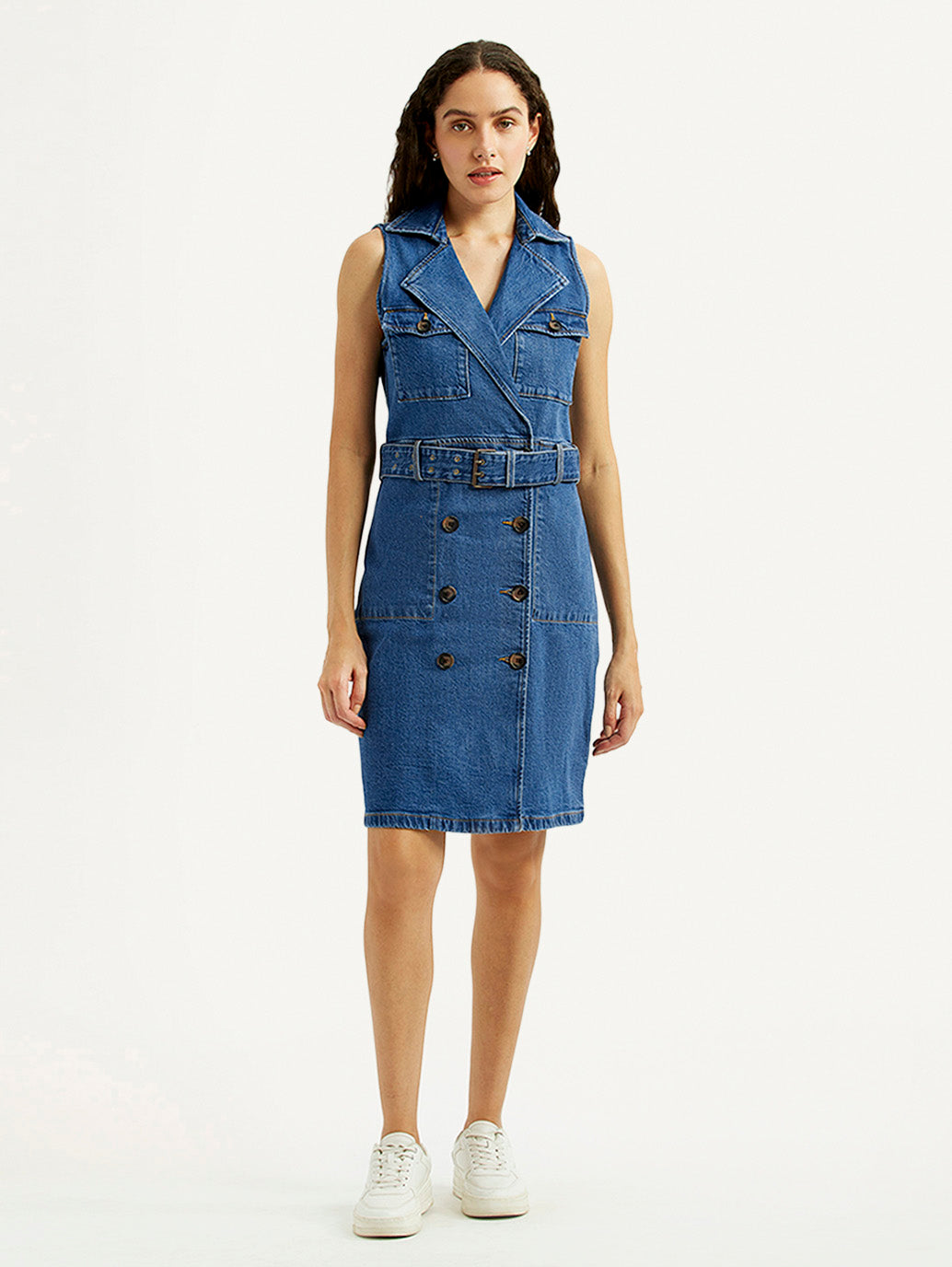 Women's Solid Blue Notched Lapel Dress - Front View