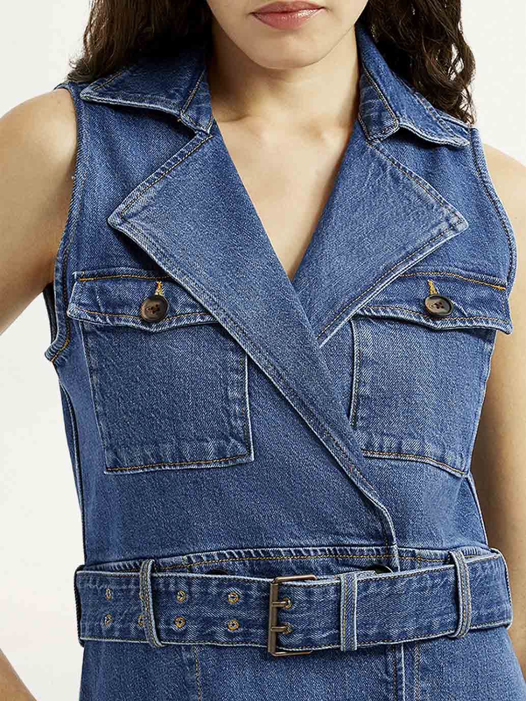 Women's Solid Blue Notched Lapel Dress - Detail View