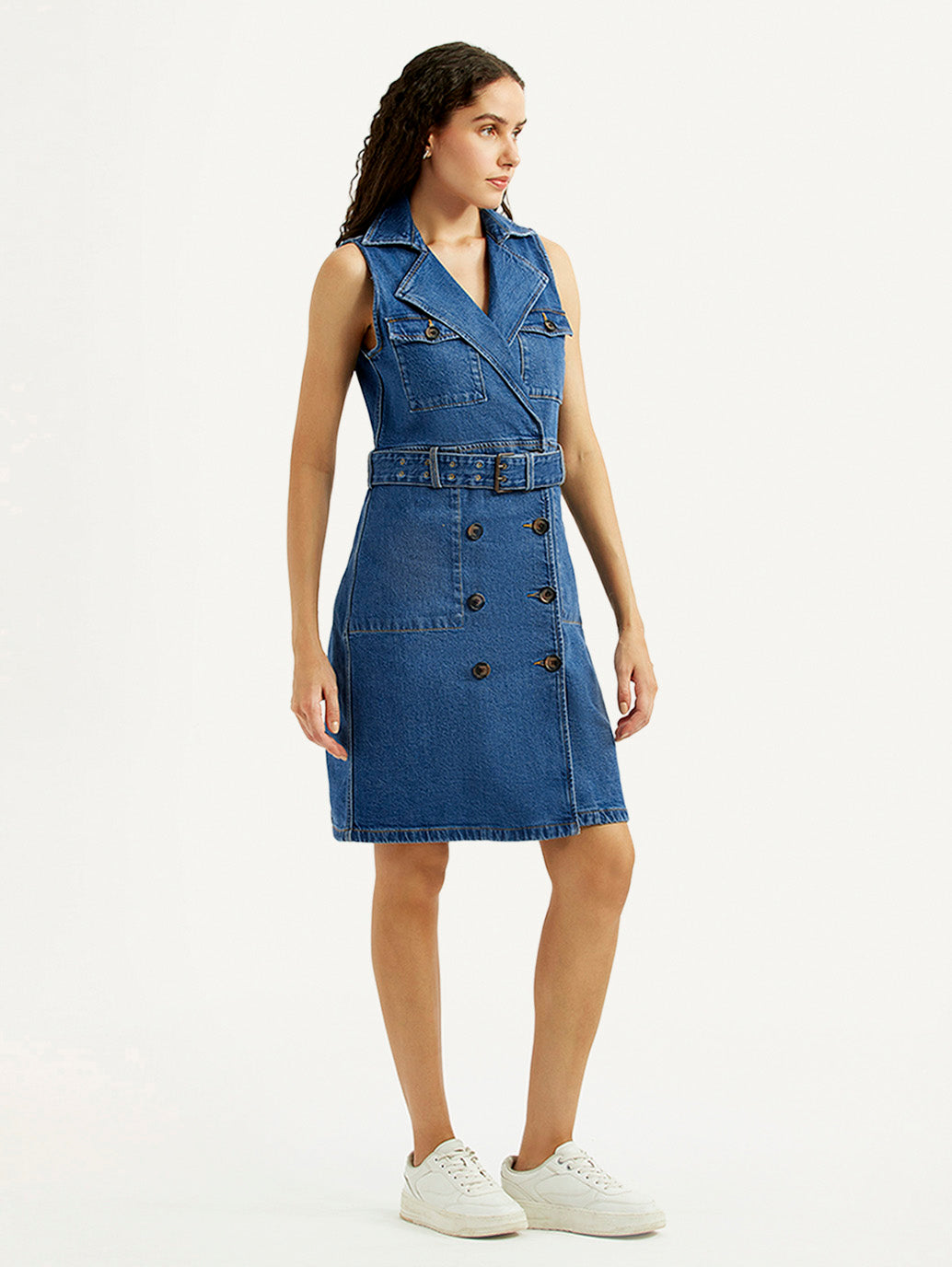 Women's Solid Blue Notched Lapel Dress - Side View