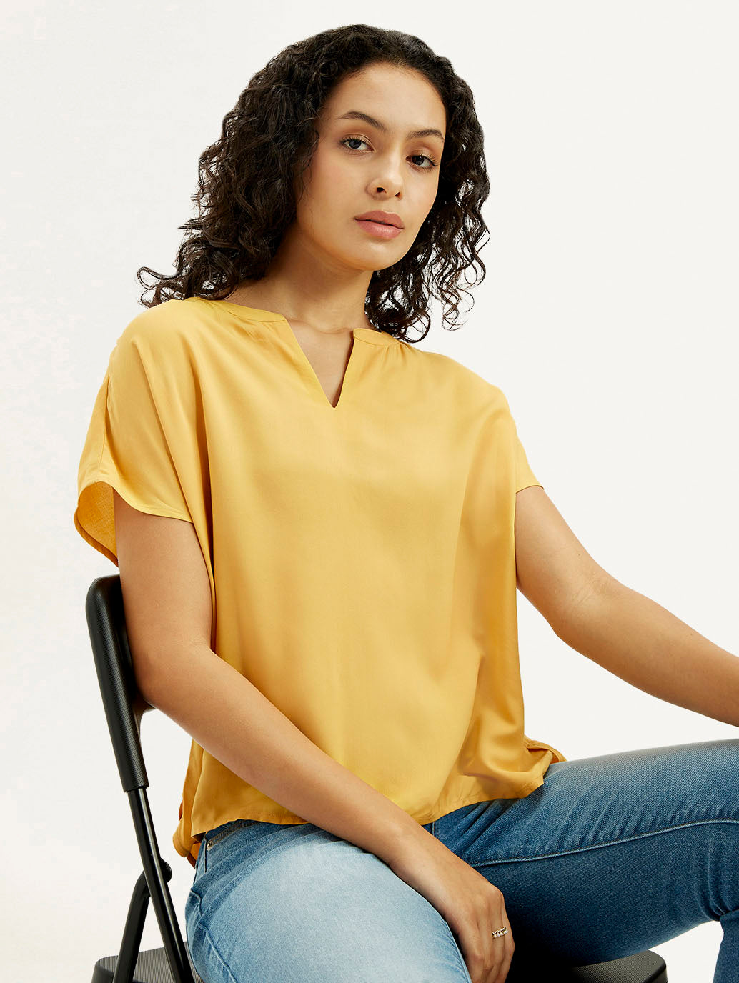 Women's Solid Mustard Split Neck Top