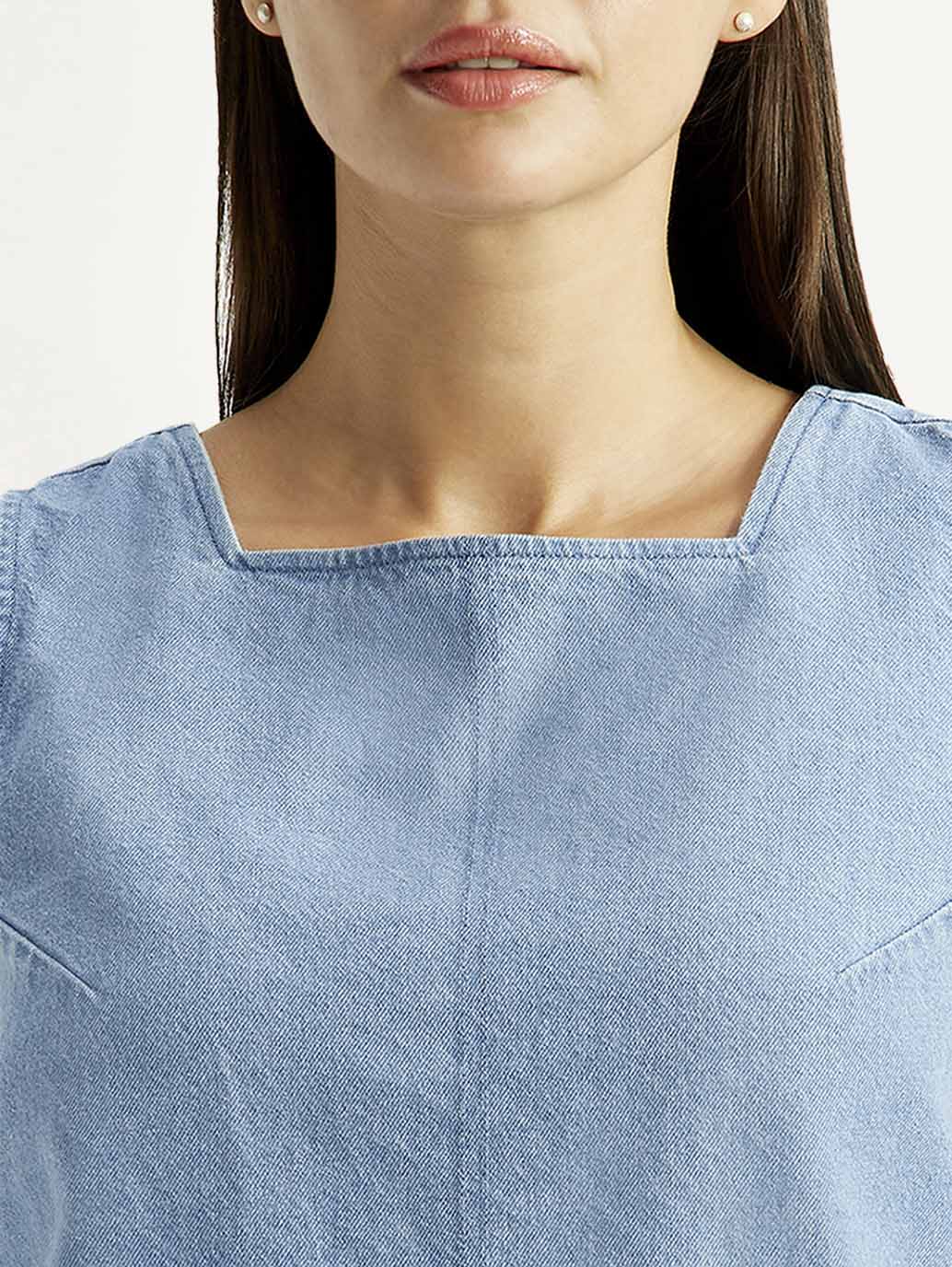 Women's Solid Light Blue Square Neck Top - Detail View