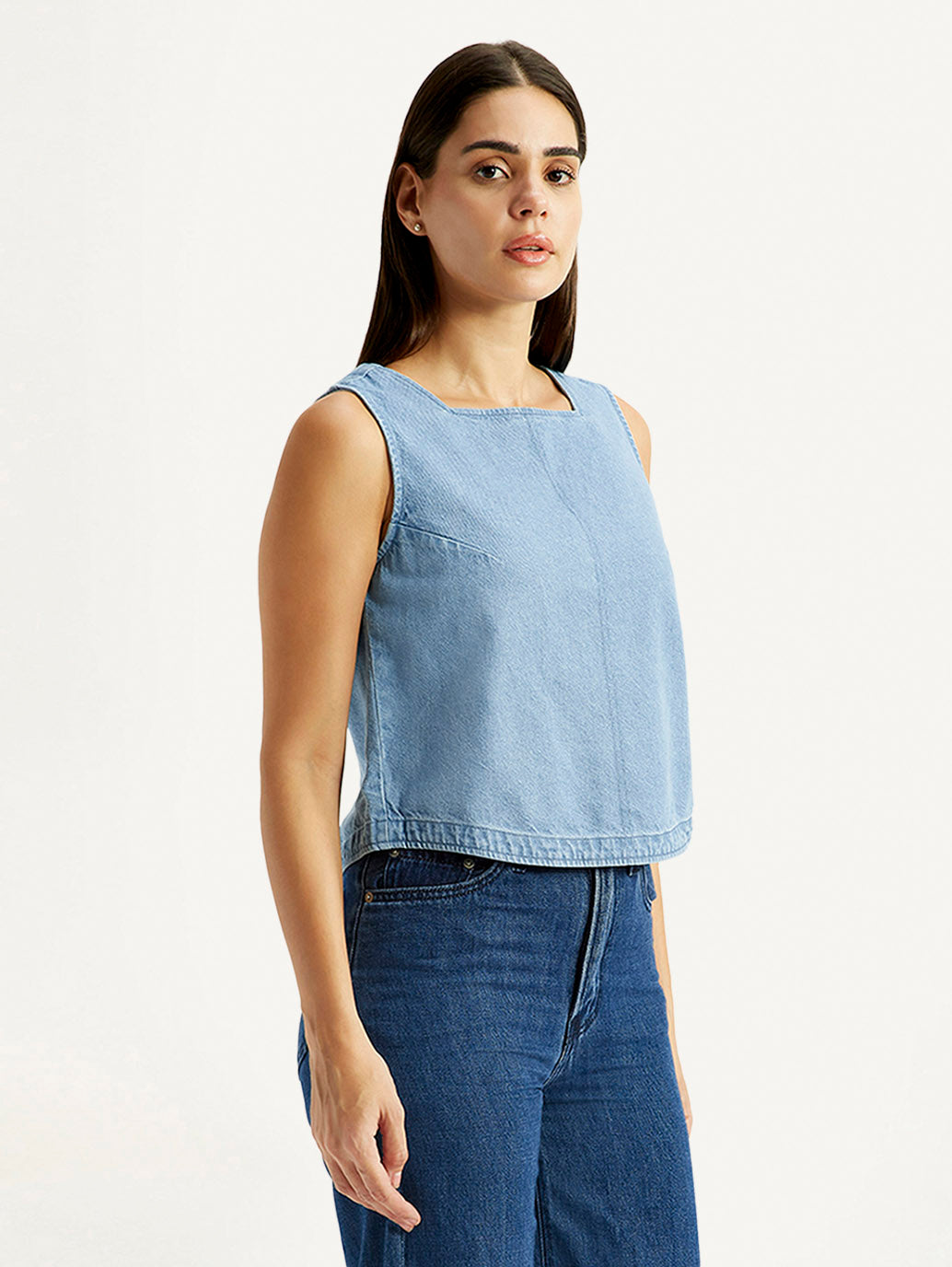 Women's Solid Light Blue Square Neck Top - Side View