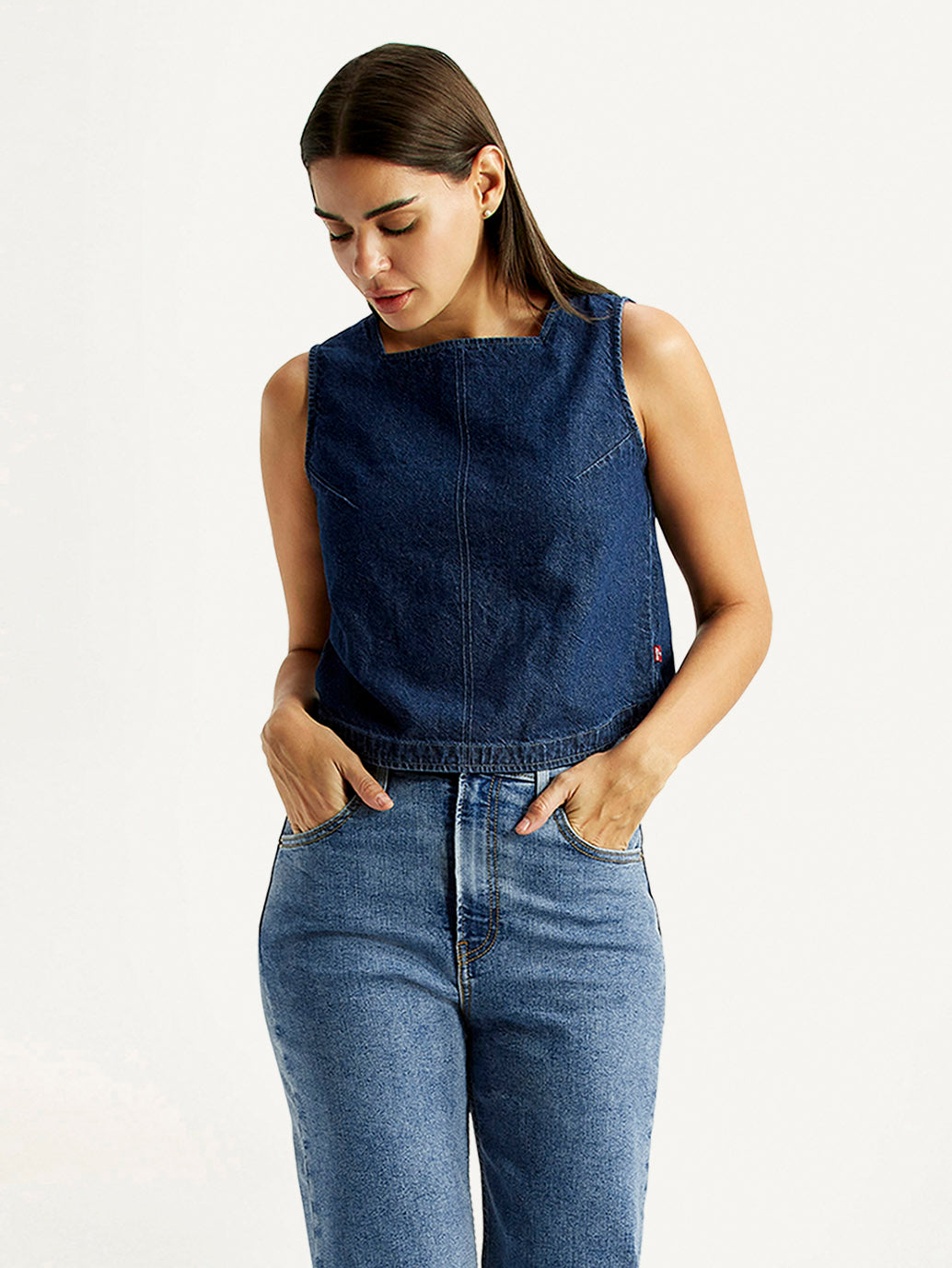 Women's Solid Dark Blue Square Neck Top - Styleshot View