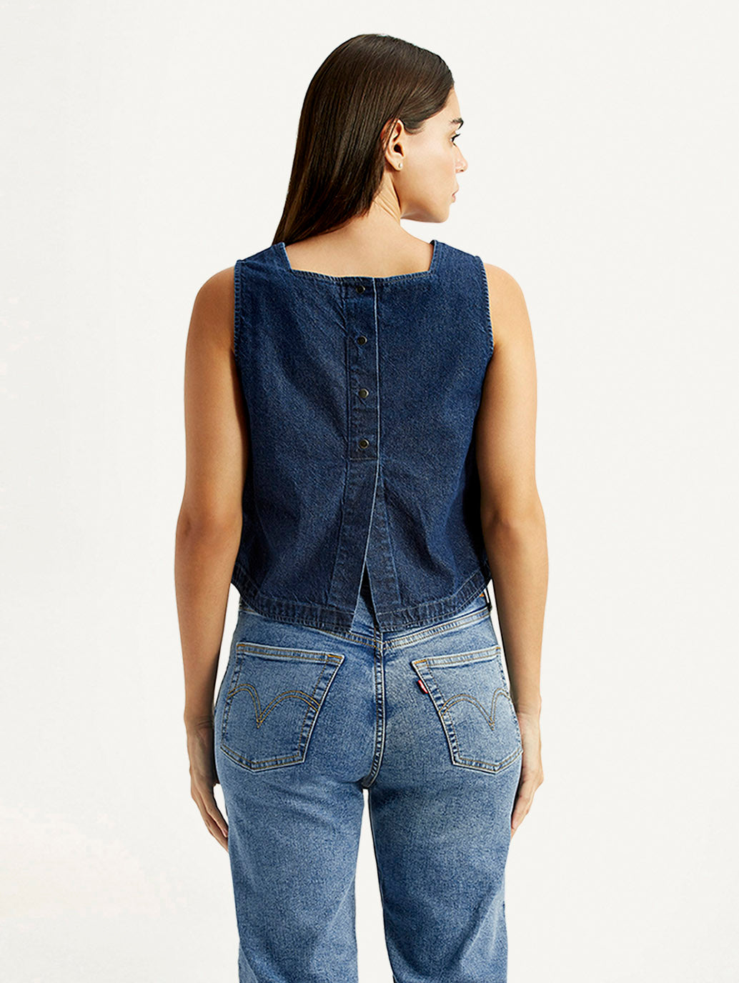 Women's Solid Dark Blue Square Neck Top - Back View
