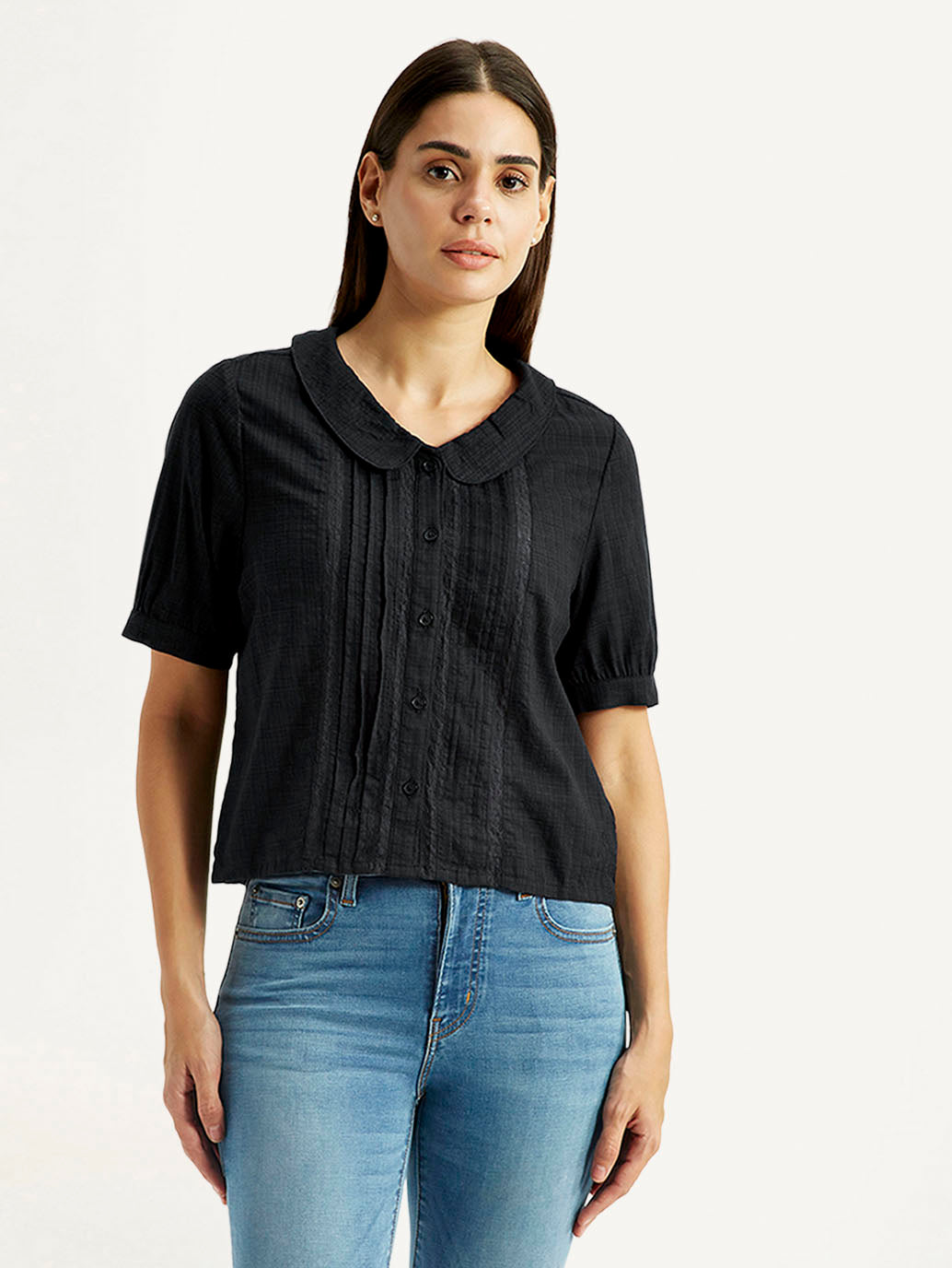 Women's Lace Black Peter Pan Collar Shirt - Front View