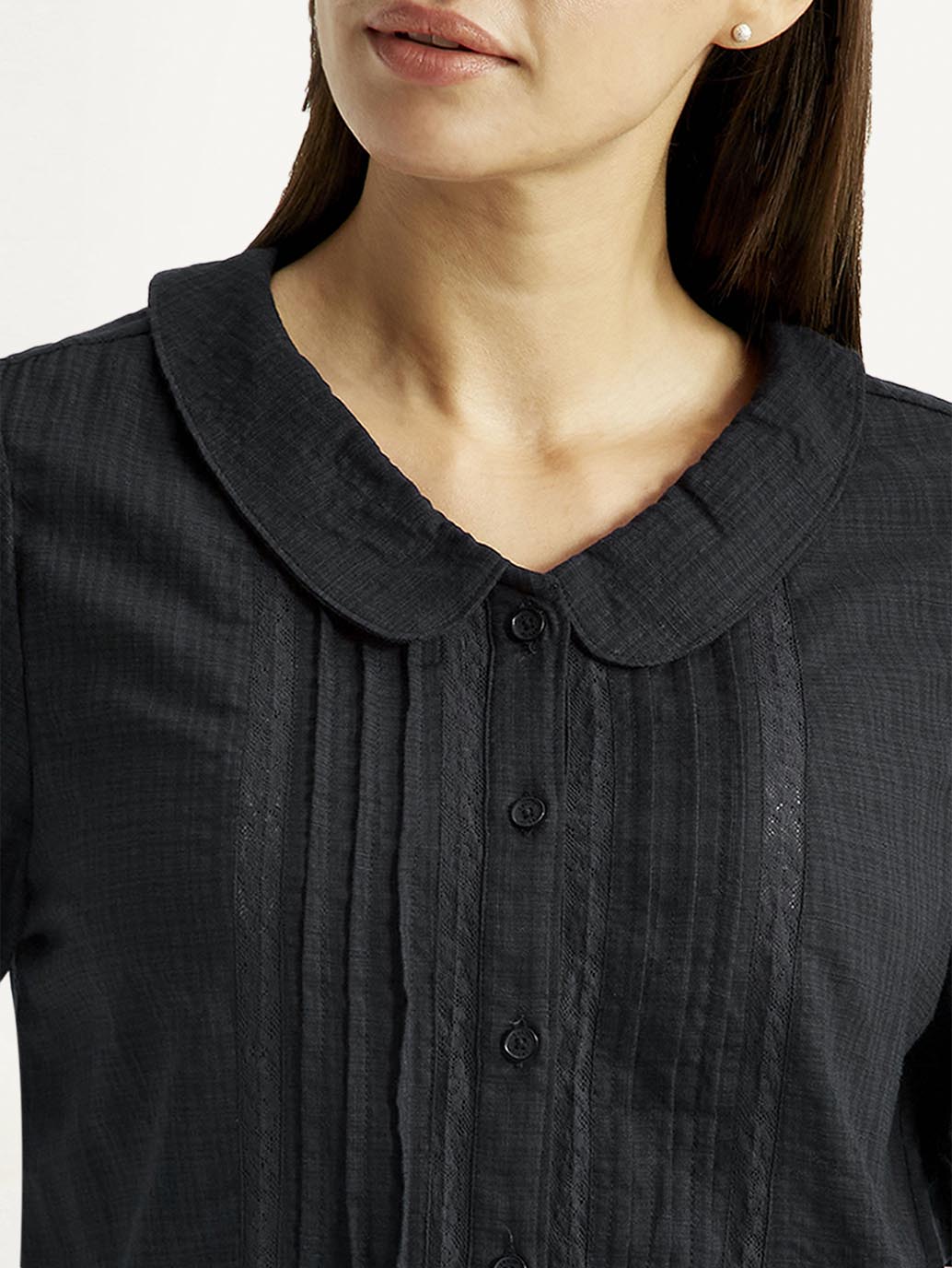 Women's Lace Black Peter Pan Collar Shirt - Detail View