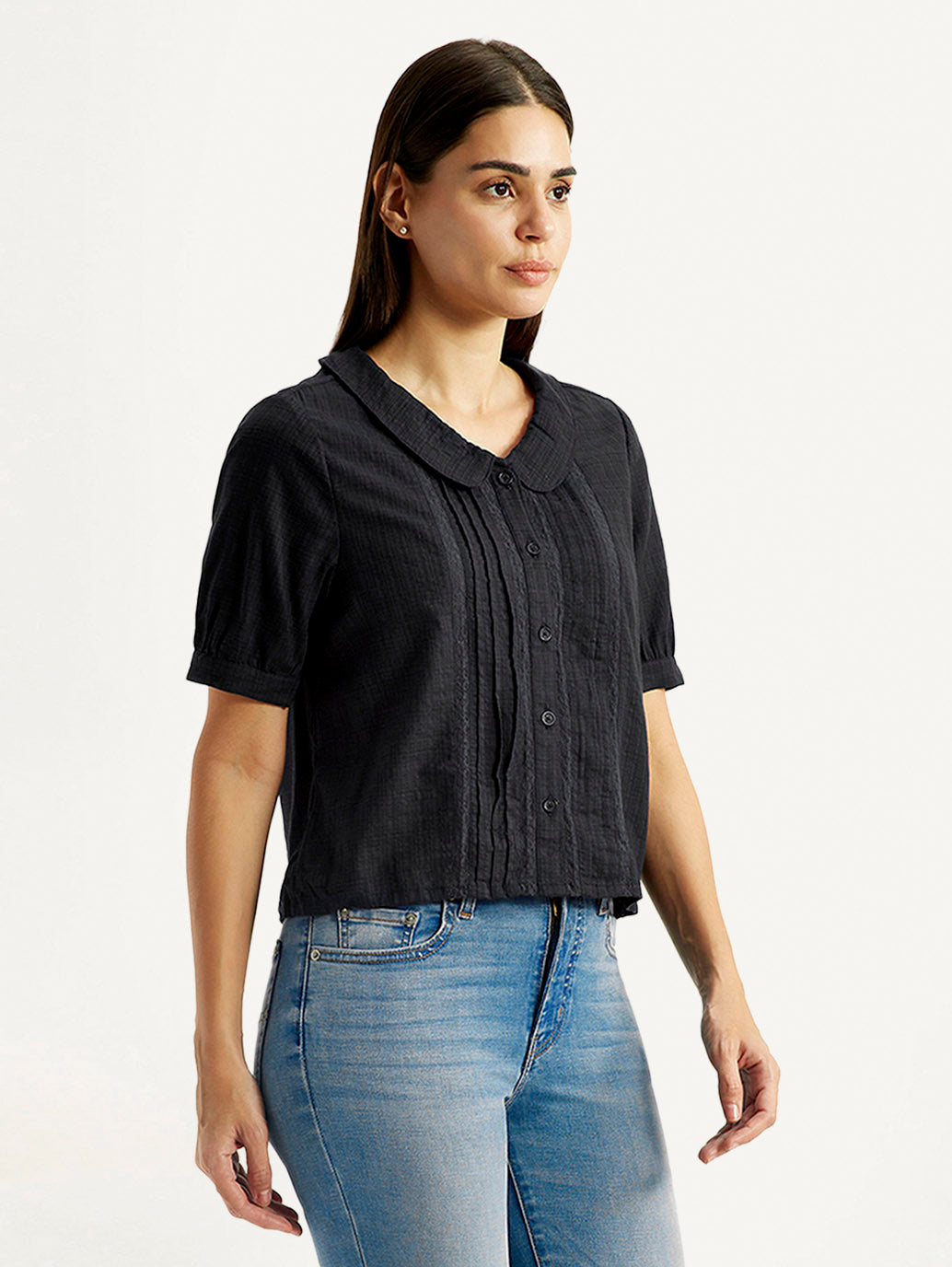 Women's Lace Black Peter Pan Collar Shirt - Side View