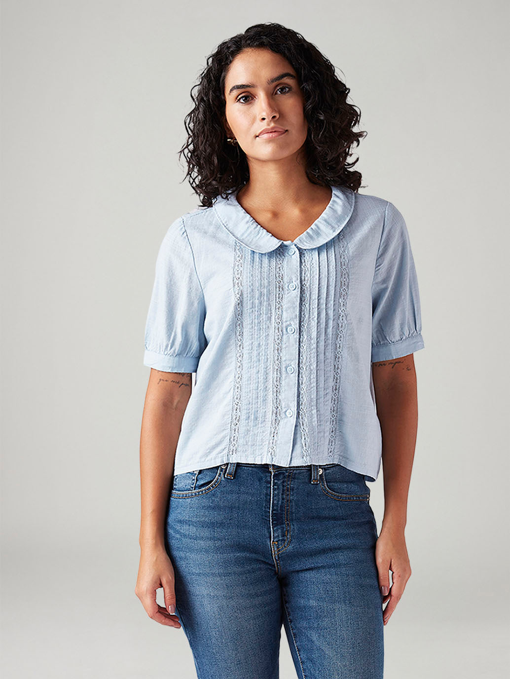 Women's Lace Regular Fit Peter Pan Collar Shirt - Front View