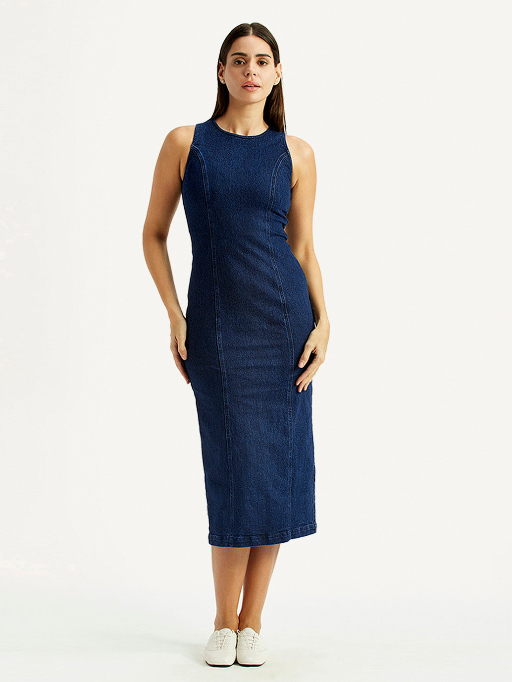 Women's Solid Dark Blue Round Neck Dress