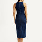 Women's Solid Dark Blue Round Neck Dress - Back View