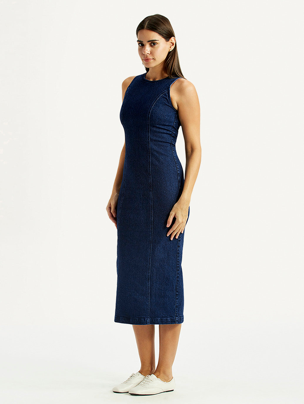 Women's Solid Dark Blue Round Neck Dress - Side View